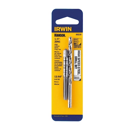 Hanson Tap and Drill Bit Set, 1/4-20 NC High Carbon Steel Plug Tap, 13/64 High Speed Steel Drill Bit, Card 80230